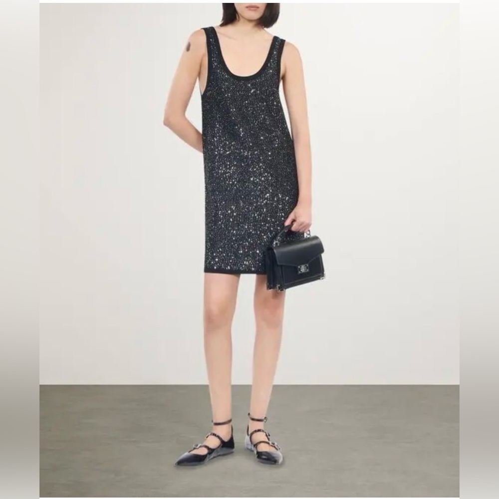 The Kooples Black Sequinned Knit Mini Dress NWT Ret $250 EU Sz 1 (US Sm) Relaxed